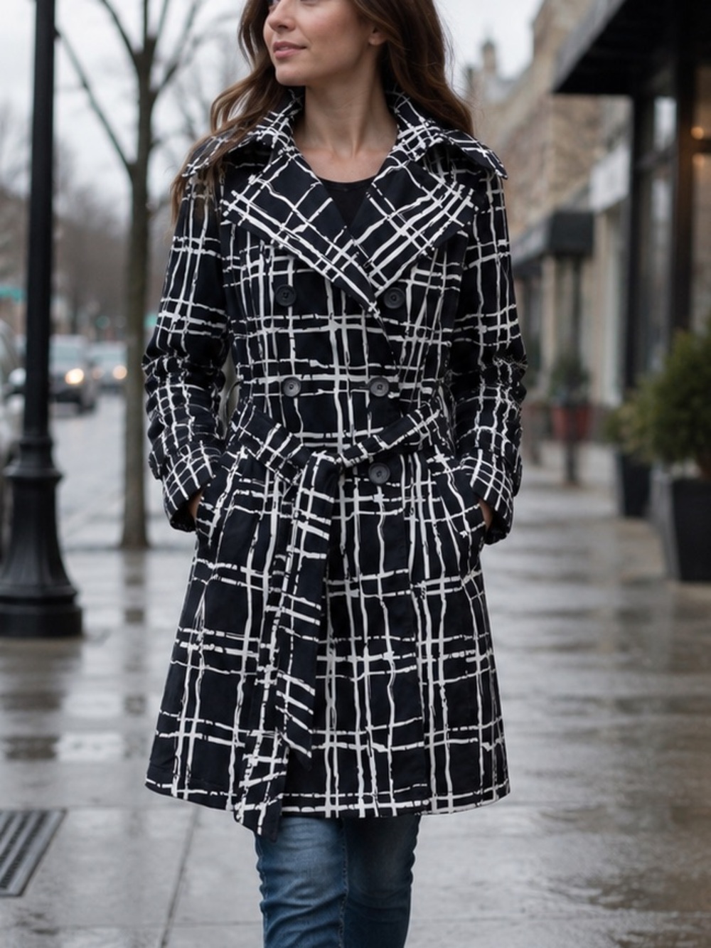 Merona Navy and White Plaid Belted Trench Coat Large NNT